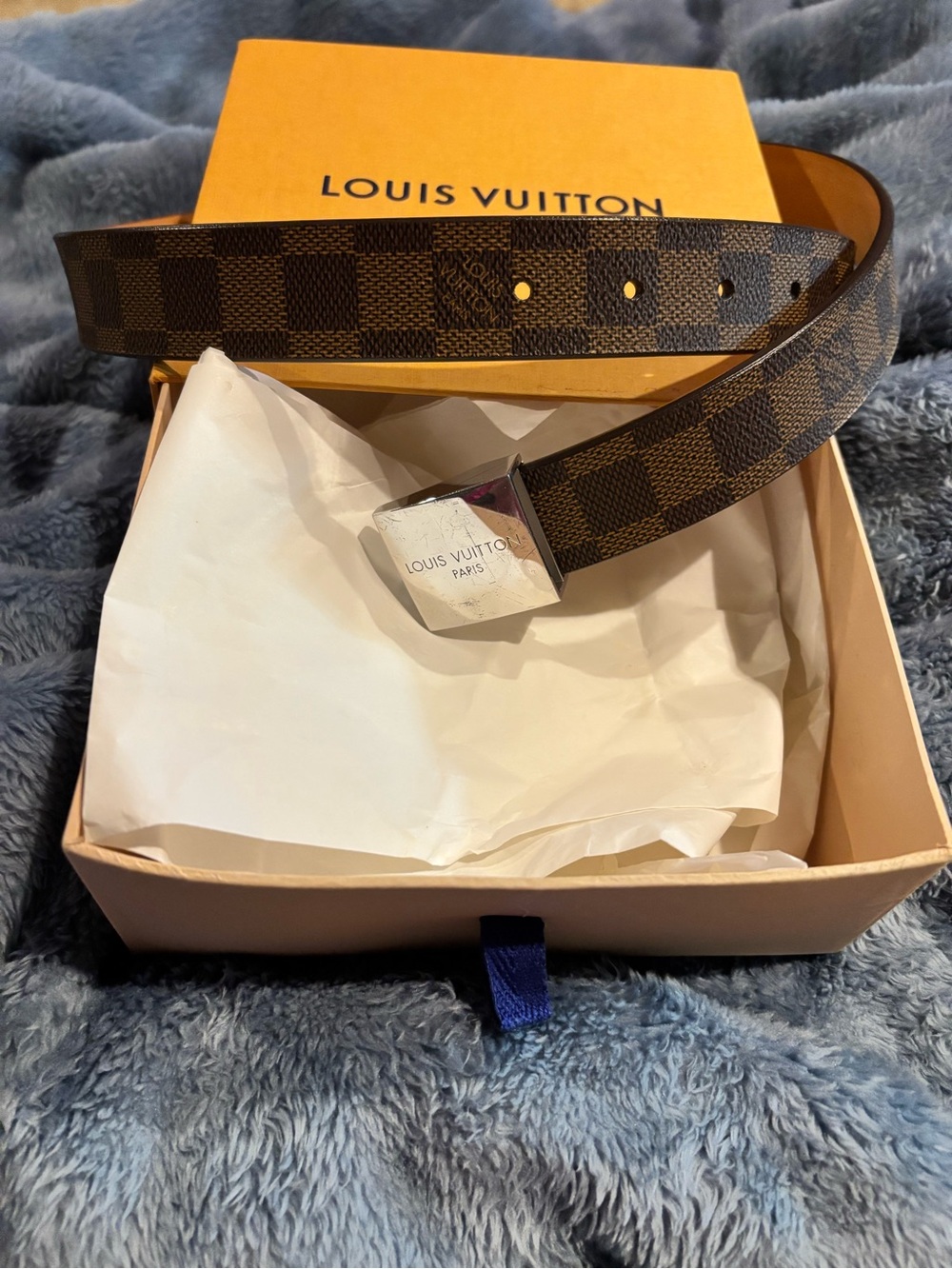 Exc Used 100% Authentic Louis Vuitton  Damier Ebene Canvas Belt w/ Silver Buckle
